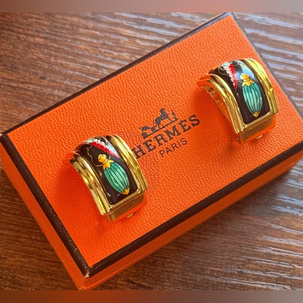 HERMES Cloisonne portrait enamel Clip on earrings w/ box - Picture 6 of 6
